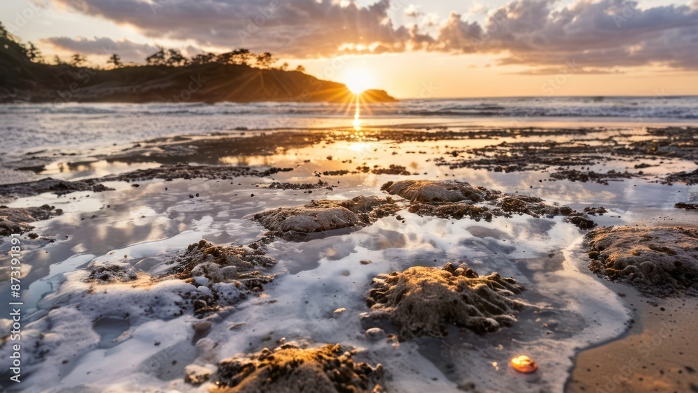 Obraz premium tide pools on a sandy beach during sunset,