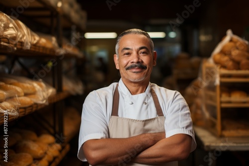 Portrait of a middle aged hispanic worker in bakery