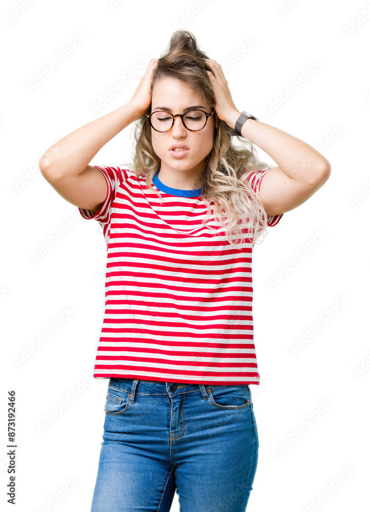 Beautiful young blonde woman wearing glasses over isolated background suffering from headache desperate and stressed because pain and migraine. Hands on head. Beautiful young blonde woman wearing glasses over isolated background suffering from headache desperate and stressed because pain and migraine. Hands on head.