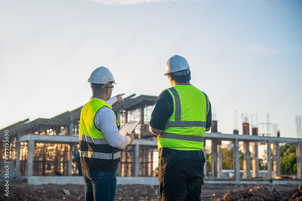 Two Architect man discussing about the building plan and see how the construction progressive at the construction site Two Architect man discussing about the building plan and see how the construction progressive at the construction site