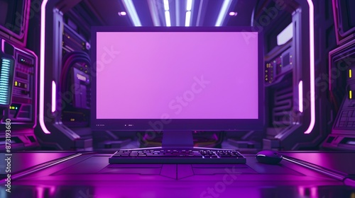 Futuristic Digital Workplace with Sleek Purple Lighting and High-Tech Interface