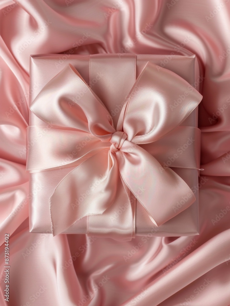 Gift box wrapped in sky pink gift paper with a pink satin ribbon and bow. Present for a holiday, birthday or Christmas. Gift box wrapped in sky pink gift paper with a pink satin ribbon and bow. Present for a holiday, birthday or Christmas.