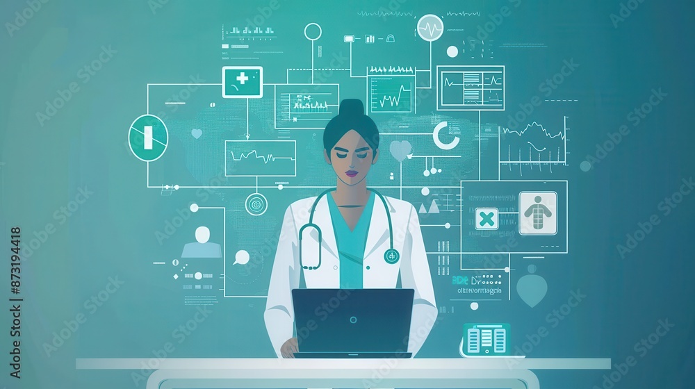 Modern telemedicine setup with a doctor using a laptop, clean and professional, illustration background Modern telemedicine setup with a doctor using a laptop, clean and professional, illustration background
