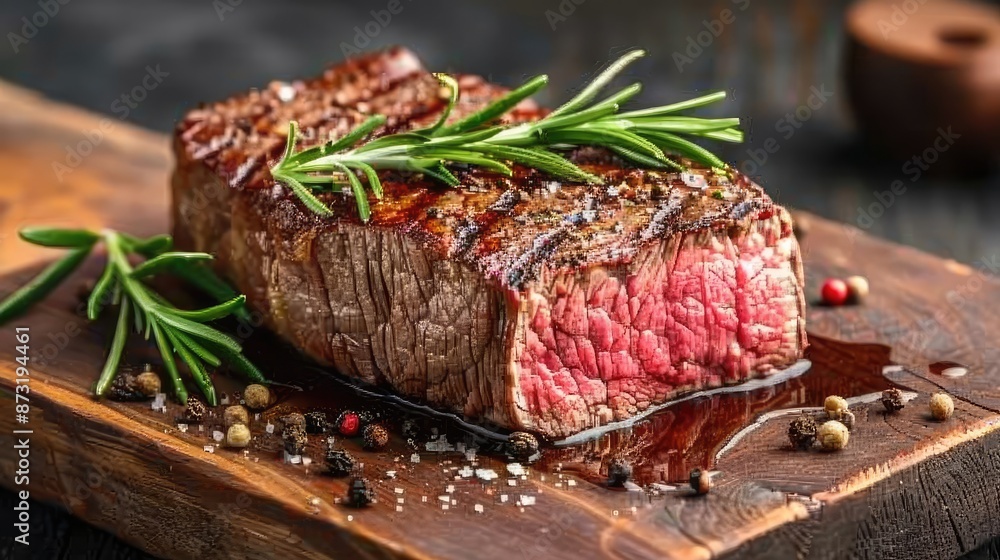 A piece of meat with a few sprigs of rosemary on top of it. The meat is cooked and has a nice sear A piece of meat with a few sprigs of rosemary on top of it. The meat is cooked and has a nice sear
