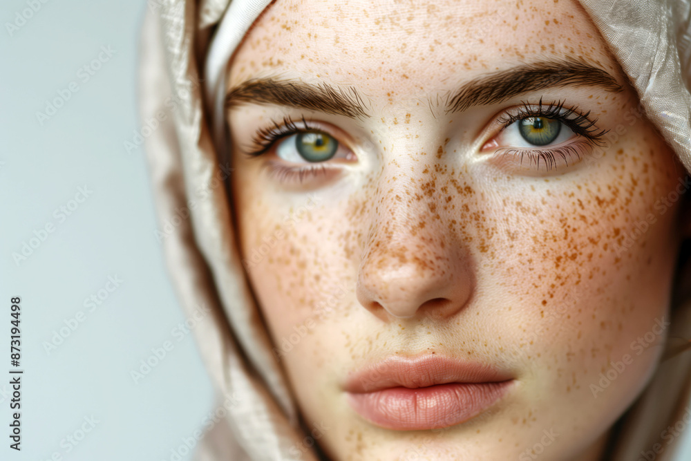 Close-up portrait of a woman with freckles and a headscarf, showing vibrant green eyes and natural beauty concept Close-up portrait of a woman with freckles and a headscarf, showing vibrant green eyes and natural beauty concept