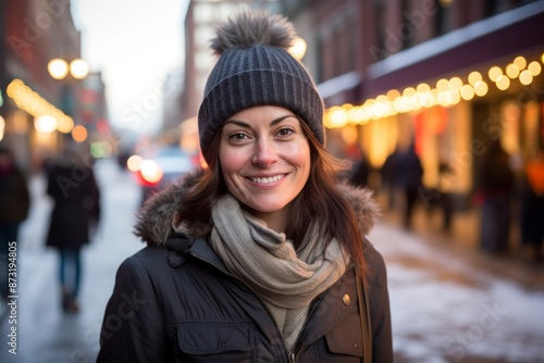 Portrait of a grinning woman in her 40s dressed in a warm ski hat in vibrant market street background