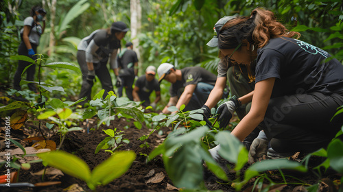 Volunteers planting trees in reforestation project