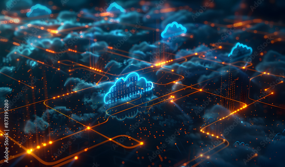3D render of a glowing cloud showcasing network connections and digital data 3D render of a glowing cloud showcasing network connections and digital data