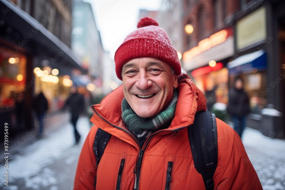Portrait of a smiling man in his 50s dressed in a warm ski hat while standing against vibrant market street background Portrait of a smiling man in his 50s dressed in a warm ski hat while standing against vibrant market street background