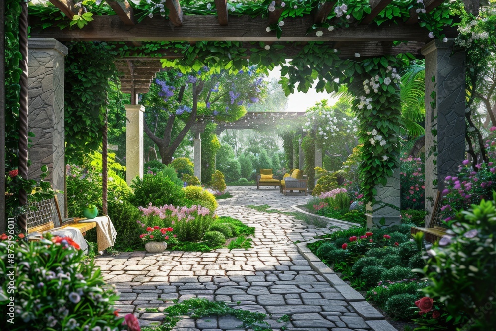 A picturesque garden with elegant decorations, radiating peace and calmness. Perfect for a relaxing summer evening. A picturesque garden with elegant decorations, radiating peace and calmness. Perfect for a relaxing summer evening.