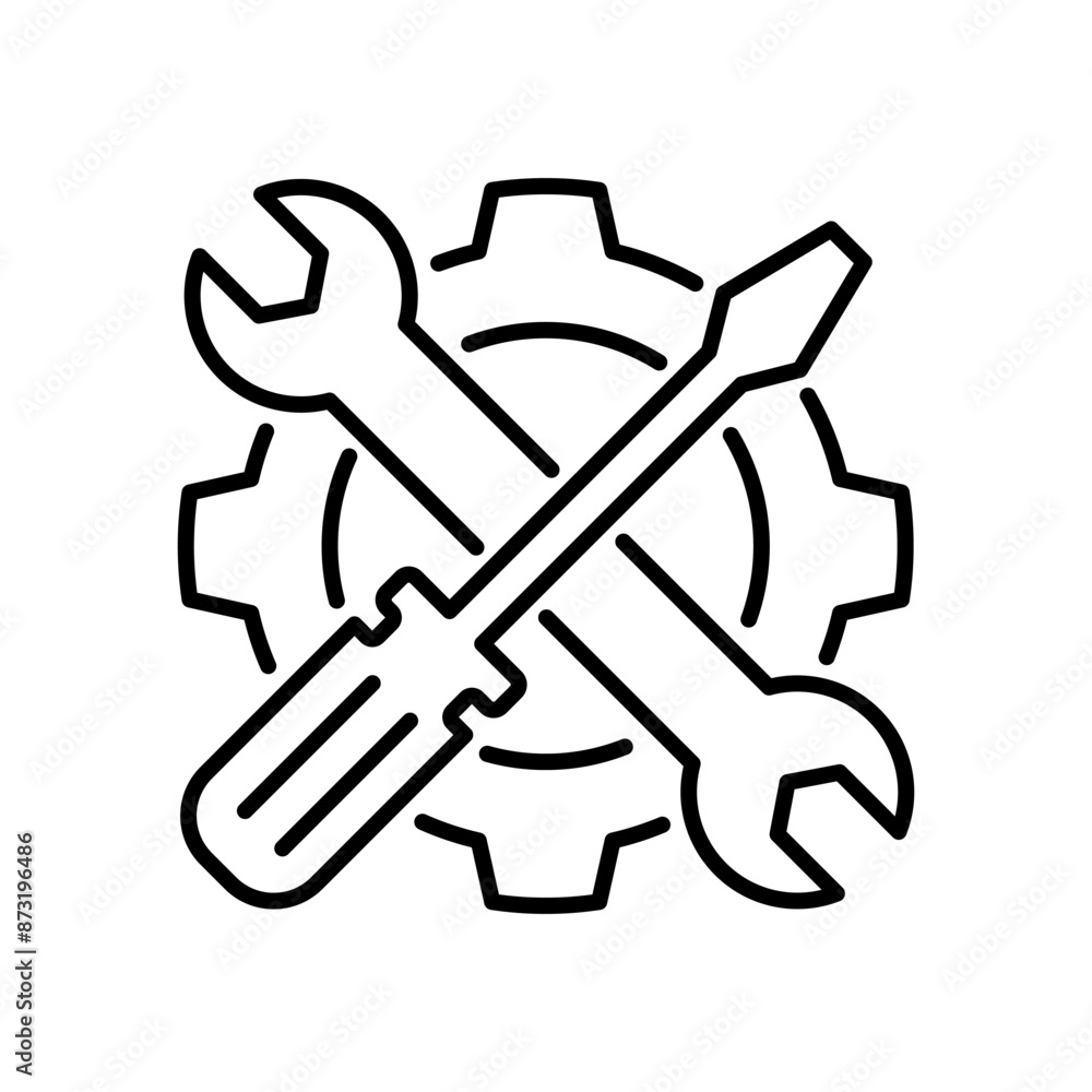 Fix service tools, wrench and screwdriver, repair instruments, simple line icon. Gears logo line black icon collections. Wheel cogwheel vector. Fix service tools, wrench and screwdriver, repair instruments, simple line icon. Gears logo line black icon collections. Wheel cogwheel vector.