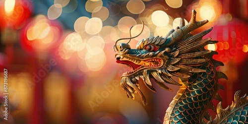 Chinese Dragon Statue with Festive Lights
