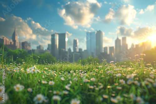 A beautiful meadow with lush greenery and flowers, with a city skyline of skyscrapers in the background, blending nature and urban life.