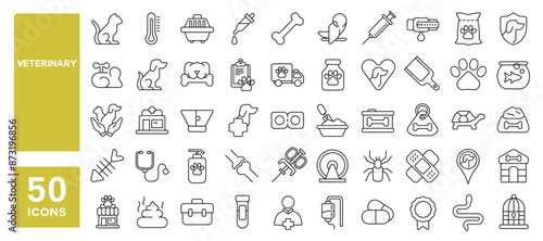 Set of 50 line icons related to veterinary, pet, animal care, dog paw, cat food, healthcare, Editable stroke. Vector illustration