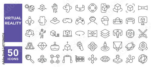 Set of 50 line icons related to virtual reality, augmented reality, panorama view, VR helmet, 360 degree, virtual world, Editable stroke. Vector illustration