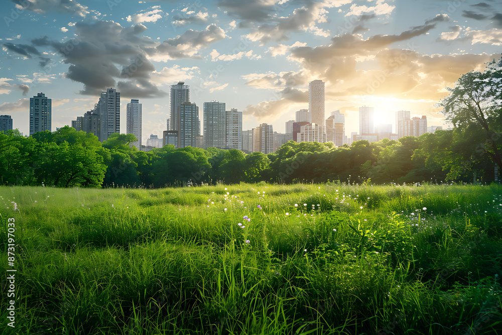 A beautiful meadow with lush greenery and flowers, with a city skyline of skyscrapers in the background, blending nature and urban life. A beautiful meadow with lush greenery and flowers, with a city skyline of skyscrapers in the background, blending nature and urban life.