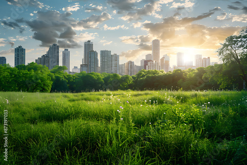 A beautiful meadow with lush greenery and flowers, with a city skyline of skyscrapers in the background, blending nature and urban life.