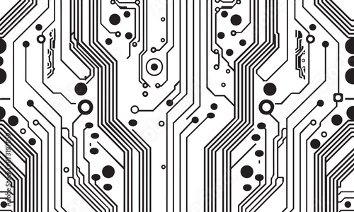 black and white seamless circuit board connection system vector pattern