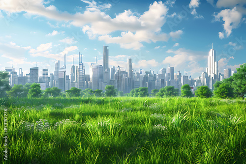 A beautiful meadow with lush greenery and flowers, with a city skyline of skyscrapers in the background, blending nature and urban life.