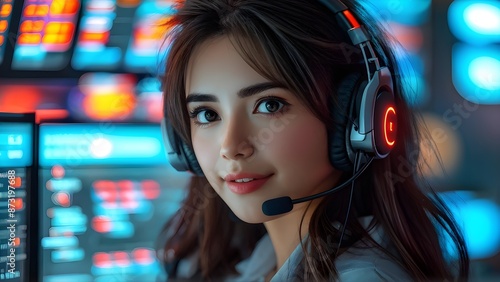 Smiling young woman with headset in neon-lit room with vibrant monitors. Generative AI