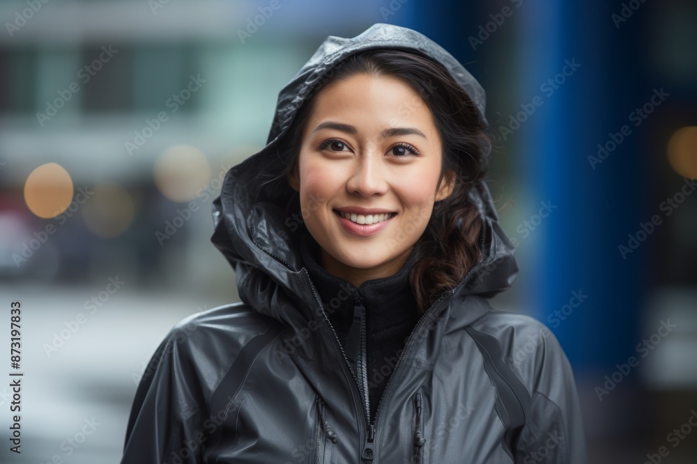 Portrait of a happy asian woman in her 30s wearing a windproof softshell in front of sophisticated corporate office background Portrait of a happy asian woman in her 30s wearing a windproof softshell in front of sophisticated corporate office background