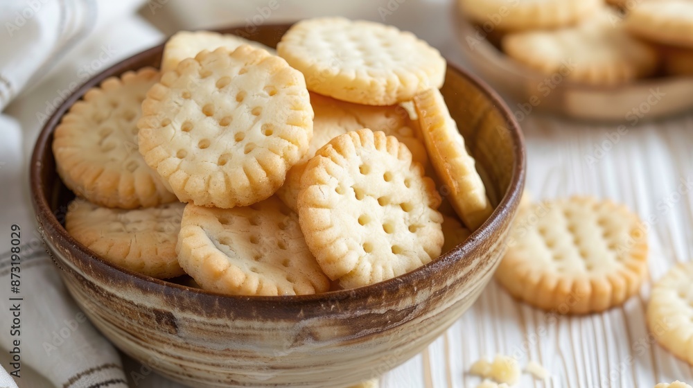 Selective focus close up of buttery shortbread cookies in bowl on white wooden surface Selective focus close up of buttery shortbread cookies in bowl on white wooden surface