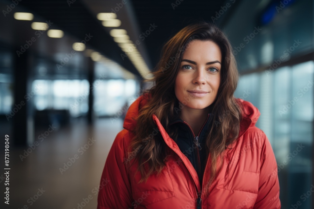 Portrait of a content woman in her 30s sporting a quilted insulated jacket in front of sophisticated corporate office background Portrait of a content woman in her 30s sporting a quilted insulated jacket in front of sophisticated corporate office background