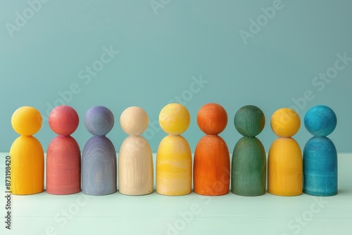 A row of wooden figurines of people in various colors