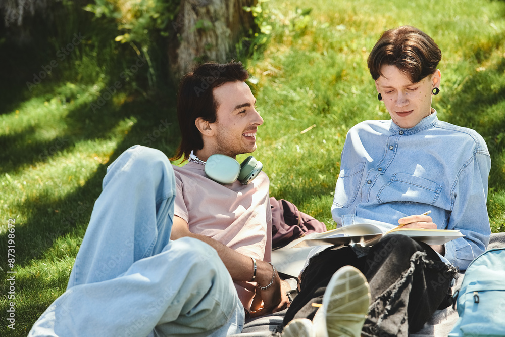 Two young queer friends relax on a blanket in a park, one studying while the other looks on with a smile. Two young queer friends relax on a blanket in a park, one studying while the other looks on with a smile.