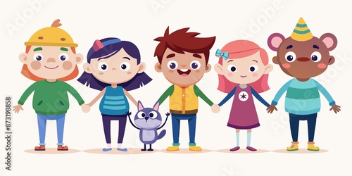 Cartoon Characters Holding Hands in Cooperation, connection, teamwork, friendship, unity photo