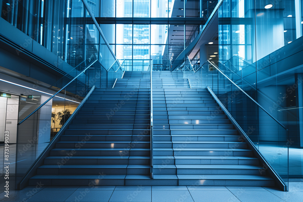 Obraz premium Staircase made of glass and steel, creating an elegant and modern atmosphere in the lobby of the building. 