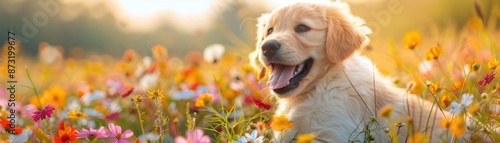 A golden retriever is laying in a field of flowers