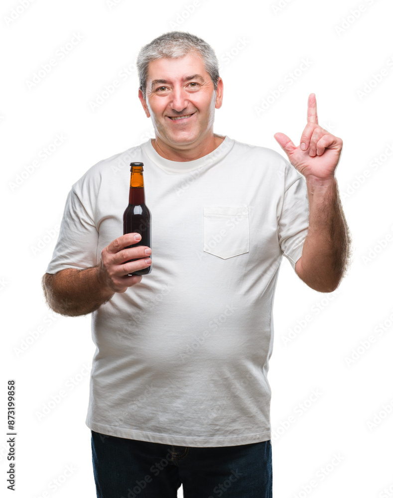Handsome senior man drinking beer bottle over isolated background surprised with an idea or question pointing finger with happy face, number one Handsome senior man drinking beer bottle over isolated background surprised with an idea or question pointing finger with happy face, number one