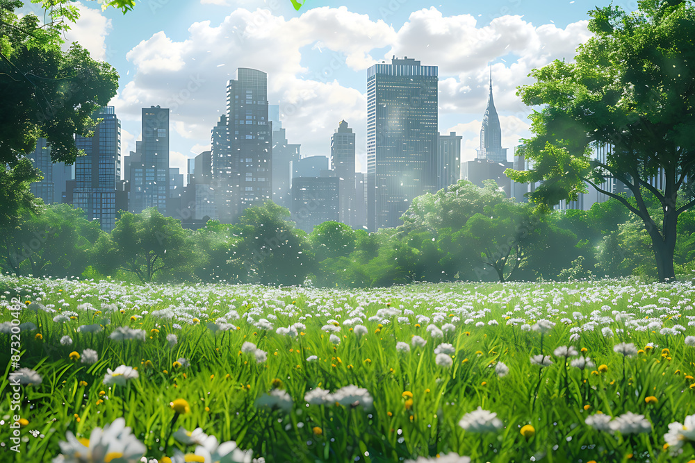 A beautiful meadow with lush greenery and flowers, with a city skyline of skyscrapers in the background, blending nature and urban life. A beautiful meadow with lush greenery and flowers, with a city skyline of skyscrapers in the background, blending nature and urban life.