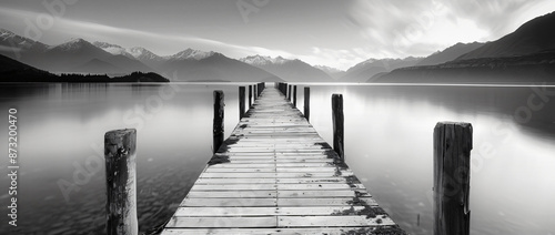 Fototapeta Naklejka Na Ścianę i Meble -  Black and white photography of an old wooden jetty leading out into the lake with mountains in background. Long exposure shot taken during golden hour.