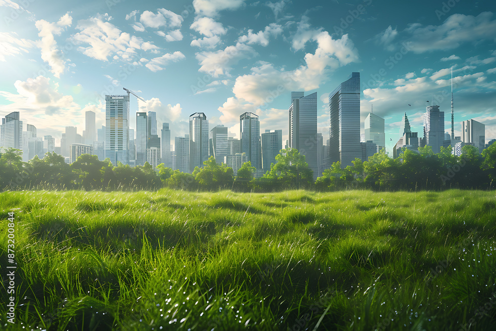 A beautiful meadow with lush greenery and flowers, with a city skyline of skyscrapers in the background, blending nature and urban life. A beautiful meadow with lush greenery and flowers, with a city skyline of skyscrapers in the background, blending nature and urban life.
