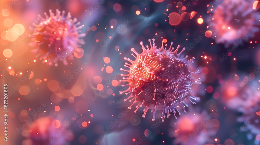 COVID virus at a microscopic level detailed in pink tone COVID virus at a microscopic level detailed in pink tone