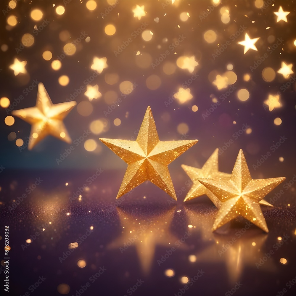 Vibrant golden gold stars sparkling against an iridescent, bokeh-filled backdrop Vibrant golden gold stars sparkling against an iridescent, bokeh-filled backdrop