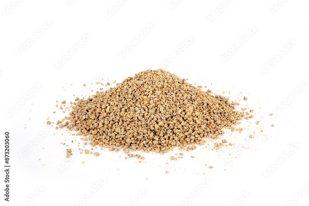 Poultry Feed for animal (Chicken). Food for newborn chick. Mash feed pile isolated on white background. Poultry Feed for animal (Chicken). Food for newborn chick. Mash feed pile isolated on white background.