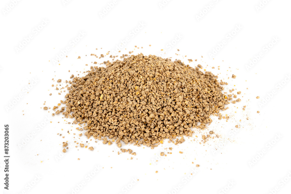 Poultry Feed for animal (Chicken). Food for newborn chick. Mash feed pile isolated on white background. Poultry Feed for animal (Chicken). Food for newborn chick. Mash feed pile isolated on white background.