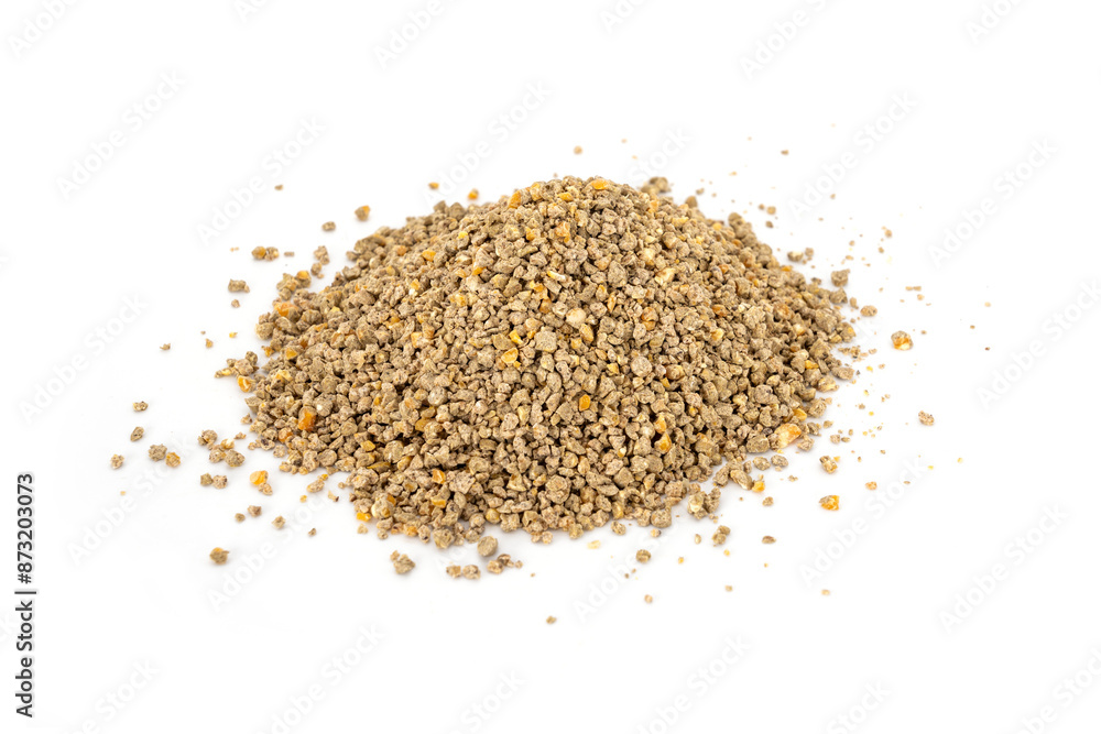Poultry Feed for animal (Chicken). Food for young chicken. Crumble feed pile isolated on white background. Poultry Feed for animal (Chicken). Food for young chicken. Crumble feed pile isolated on white background.