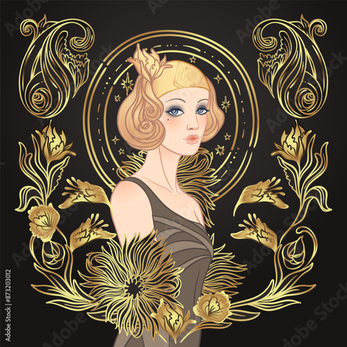 Art Deco vintage invitation template design with illustration of flapper girl...