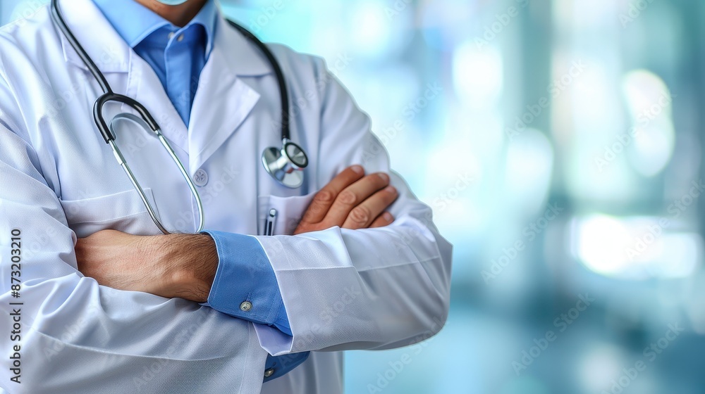 Doctor with a stethoscope, hands crossed, realistic photo style, illustration background Doctor with a stethoscope, hands crossed, realistic photo style, illustration background