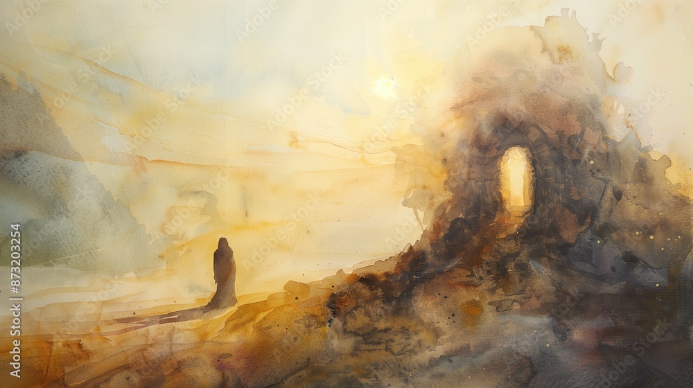 Ethereal watercolor of a lone figure approaching a glowing cave ...