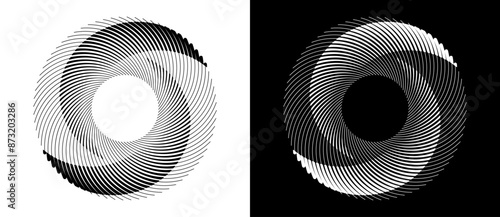 Lines in circle abstract background. Dynamic transition illusion in spiral. Yin and yang style. Black shape on a white background and the same white shape on the black side.