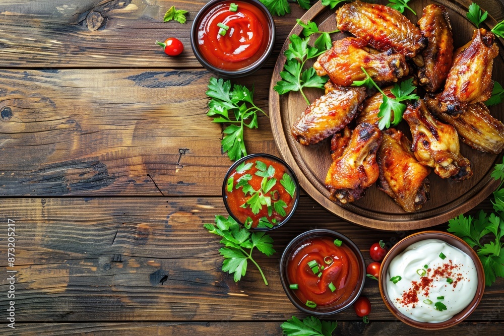 A plate of chicken wings with condiments on a wooden table. The condiments include ketchup, mustard, and mayonnaise A plate of chicken wings with condiments on a wooden table. The condiments include ketchup, mustard, and mayonnaise