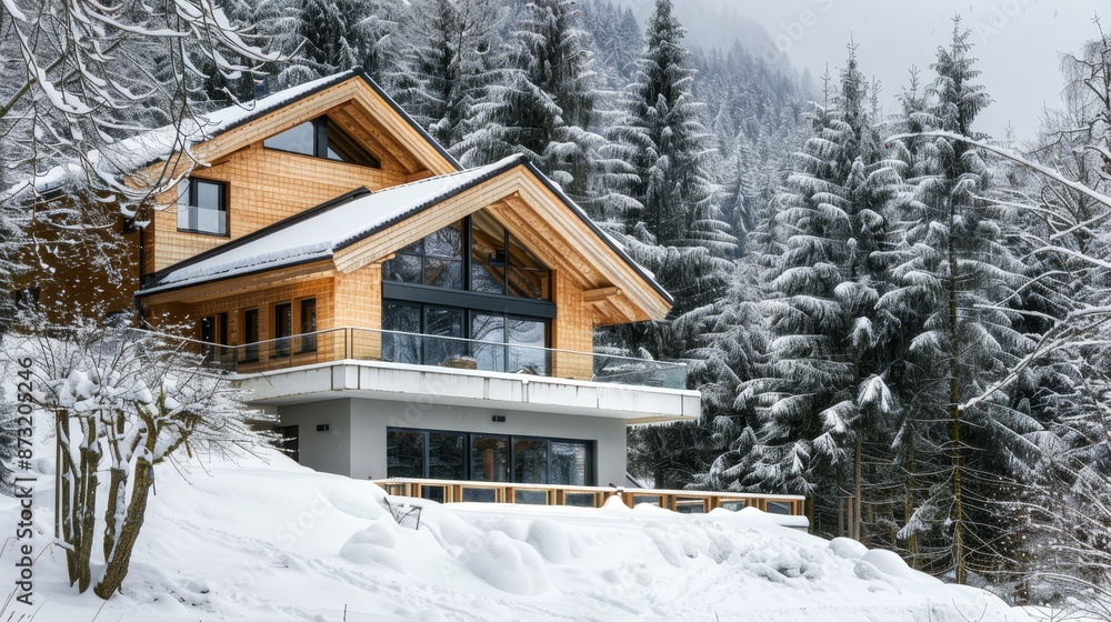Modern Chalet in Winter Surrounded by Snow Covered Trees Creating a Serene and Cozy Atmosphere Modern Chalet in Winter Surrounded by Snow Covered Trees Creating a Serene and Cozy Atmosphere