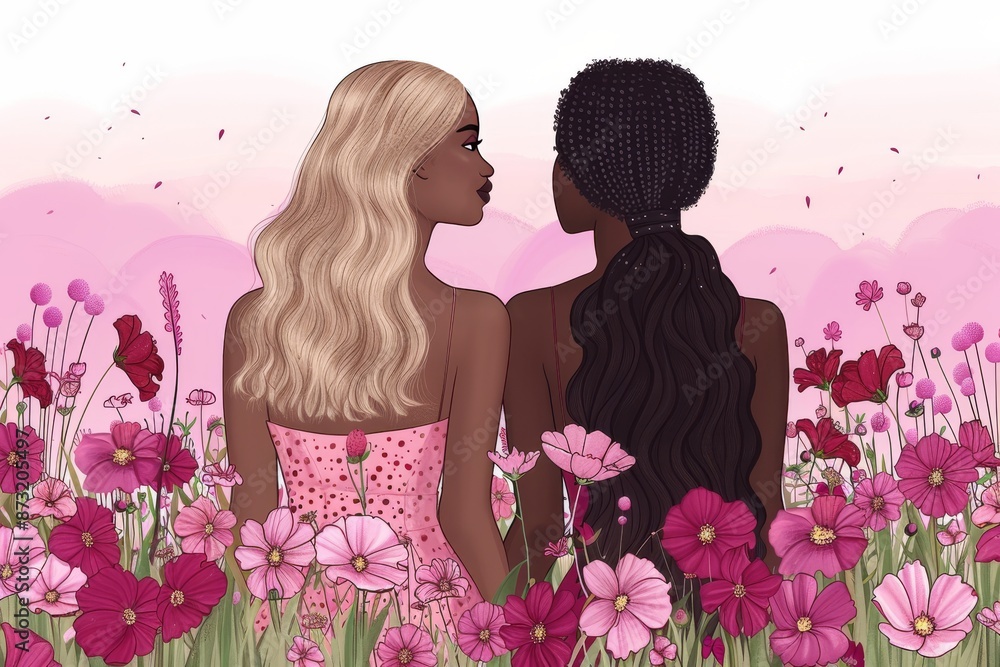 Romantic illustration of two women in a flower field, capturing love and serenity with soft, pastel colors. Romantic illustration of two women in a flower field, capturing love and serenity with soft, pastel colors.