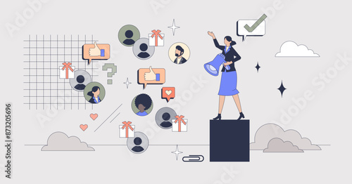 Referral marketing with influencer campaign tiny person neubrutalism concept. Advertisements on social media for customer loyalty and engagement vector illustration. Like and share feedback bonuses.