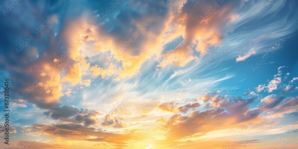A stunning panoramic image of the sky during the golden hour, featuring vibrant hues and glowing clouds illuminated by the setting sun. The image captures the magical and serene atmosphere of twilight A stunning panoramic image of the sky during the golden hour, featuring vibrant hues and glowing clouds illuminated by the setting sun. The image captures the magical and serene atmosphere of twilight